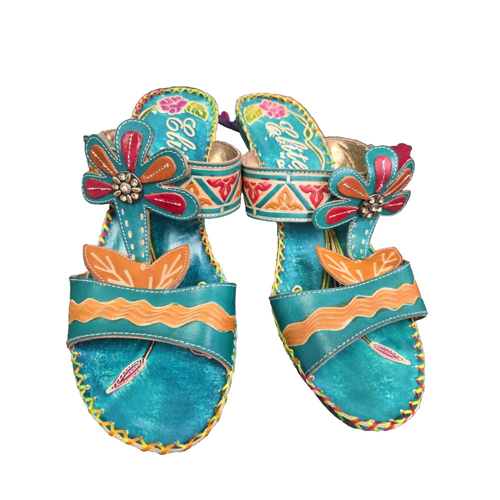 Corkys Elite Wedge Sandals Women 8 Turquoise Leather Slip On Floral Shoes - Picture 2 of 9